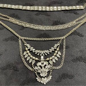 Two piece Silver Bib Necklace Set, Sparkling Gemstones